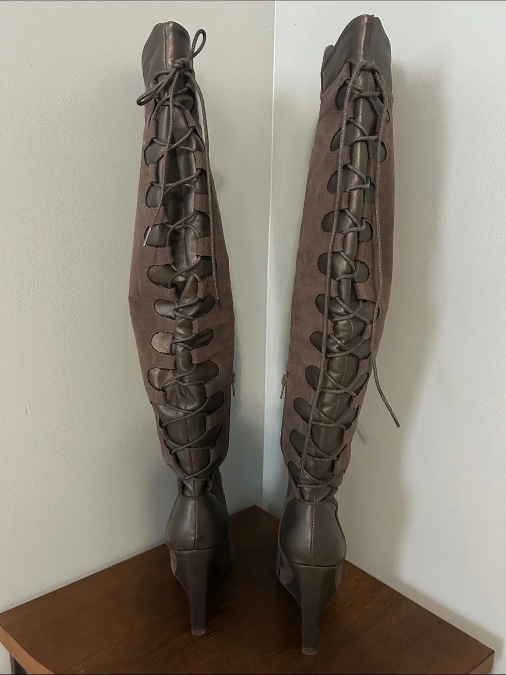 Women's Dark Grey Suede Over-the-Knee Wedge Boots